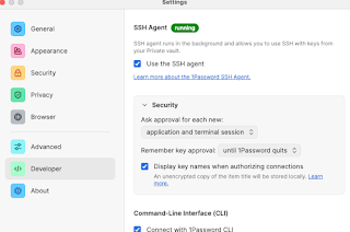 1Password Developer pane showing SSH Agent and CLI settings
