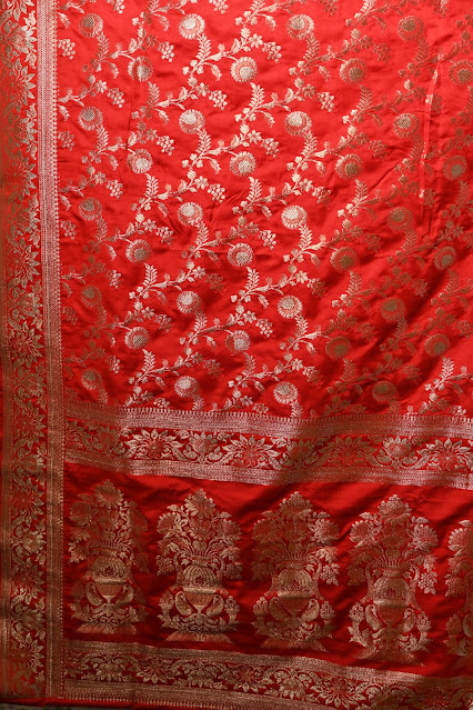 Red jangla jaal katan silk Banarasi saree