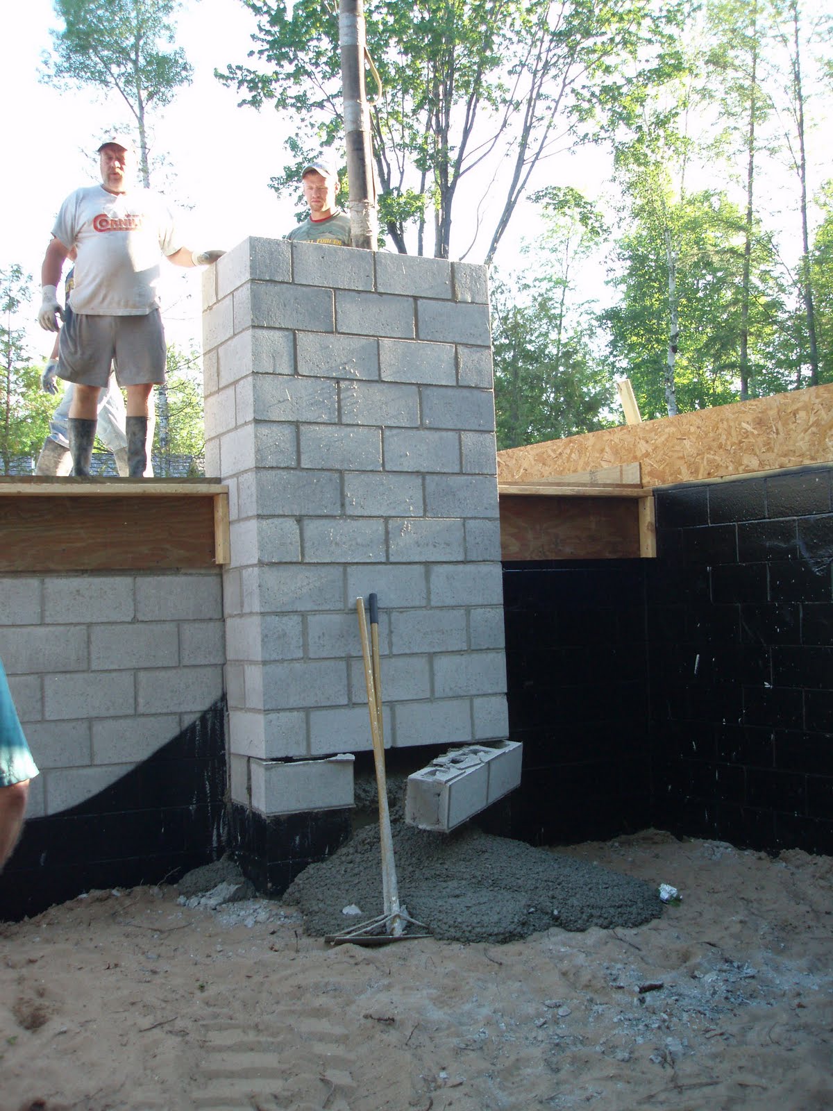 A blowout of bricks when the column was filled with concrete from the concrete pump.