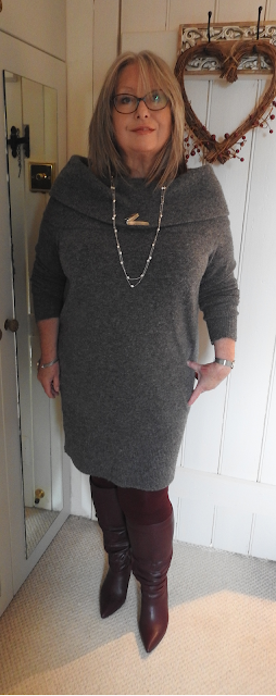 Pouting-Pensioner-Grey-sweater-dress-berry-knee-boots