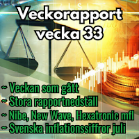 Veckorapport för vecka 33. Flera populära bolag har lämnat rapport och reaktionerna har varit kraftiga. Där ibland Nibe, New Wave, Hexatronic och Storskogen.