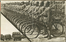 A photograph showing a line of uniformed men with bicycles. In the lower left corner is a smaller photograph of men in army trucks.