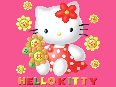 Cartoons Wallpaper 1024 768 - Cute Hello Kitty Pink Background Red Dot Dress Sunflowers