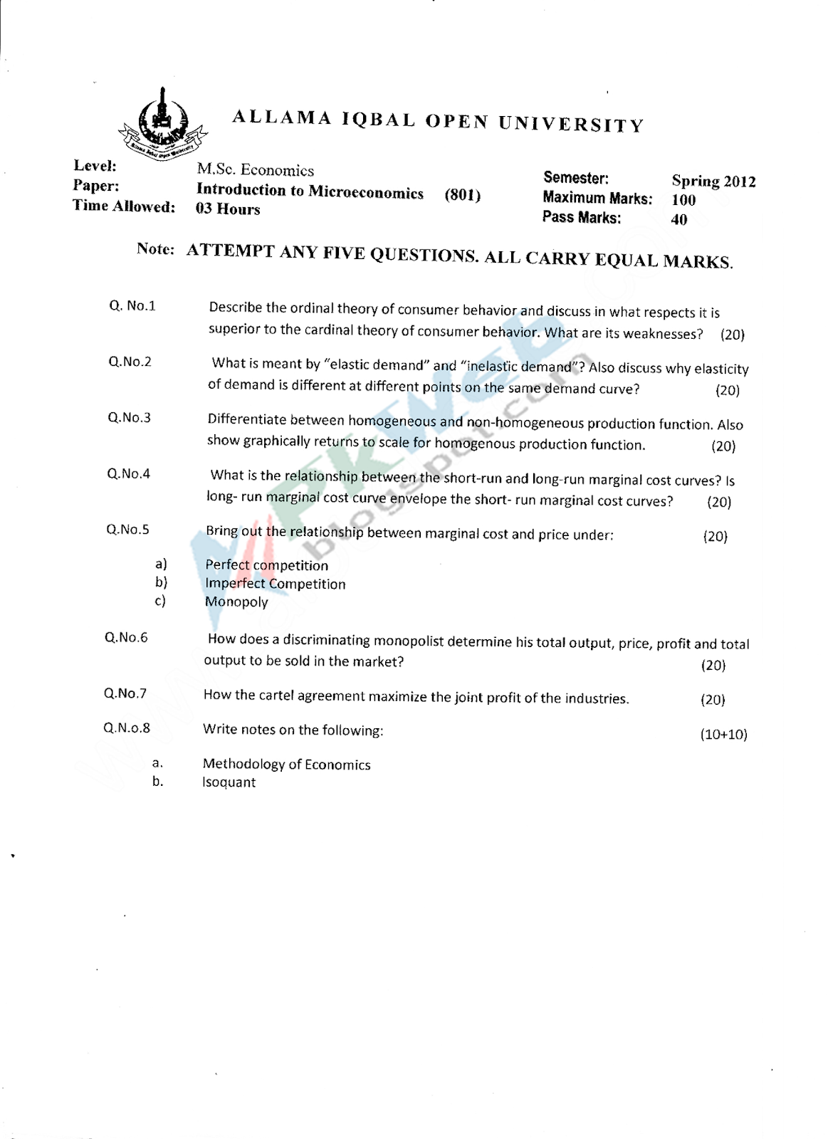 AIOU 801 Introduction-to-micronomics Post Graduate Spring 2012