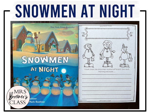 Snowmen at Night book activities unit with literacy printables, reading companion activities, lesson ideas, and a craft for winter in Kindergarten and First Grade