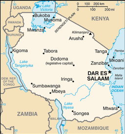 map of Tanzania, Sar Es Salaam Zanzibar Mtwara Songea Mbeya Iringa Tabora Arusha Kigoma Mwanza Bukoba Musoma