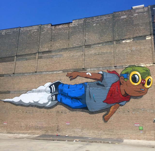 Just before the opening of his solo exhibition "Memoirs of the Minimum Wage" at Vertical Gallery, Hebru Brantley wrapped up a massive new piece on the sunny streets of Chicago, USA.