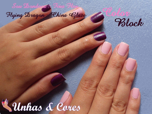 Unhas com esmaltes rosa e roxo.