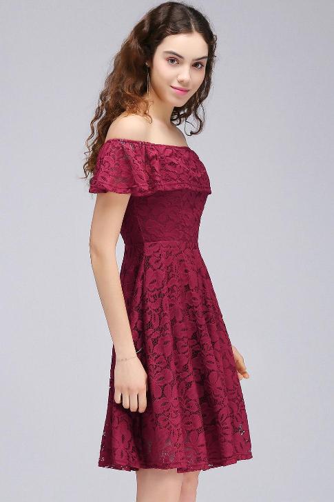 Short Burgundy Off-the-Shoulder Lace Sheath Homecoming Dresses-Factory price: US $119.00 