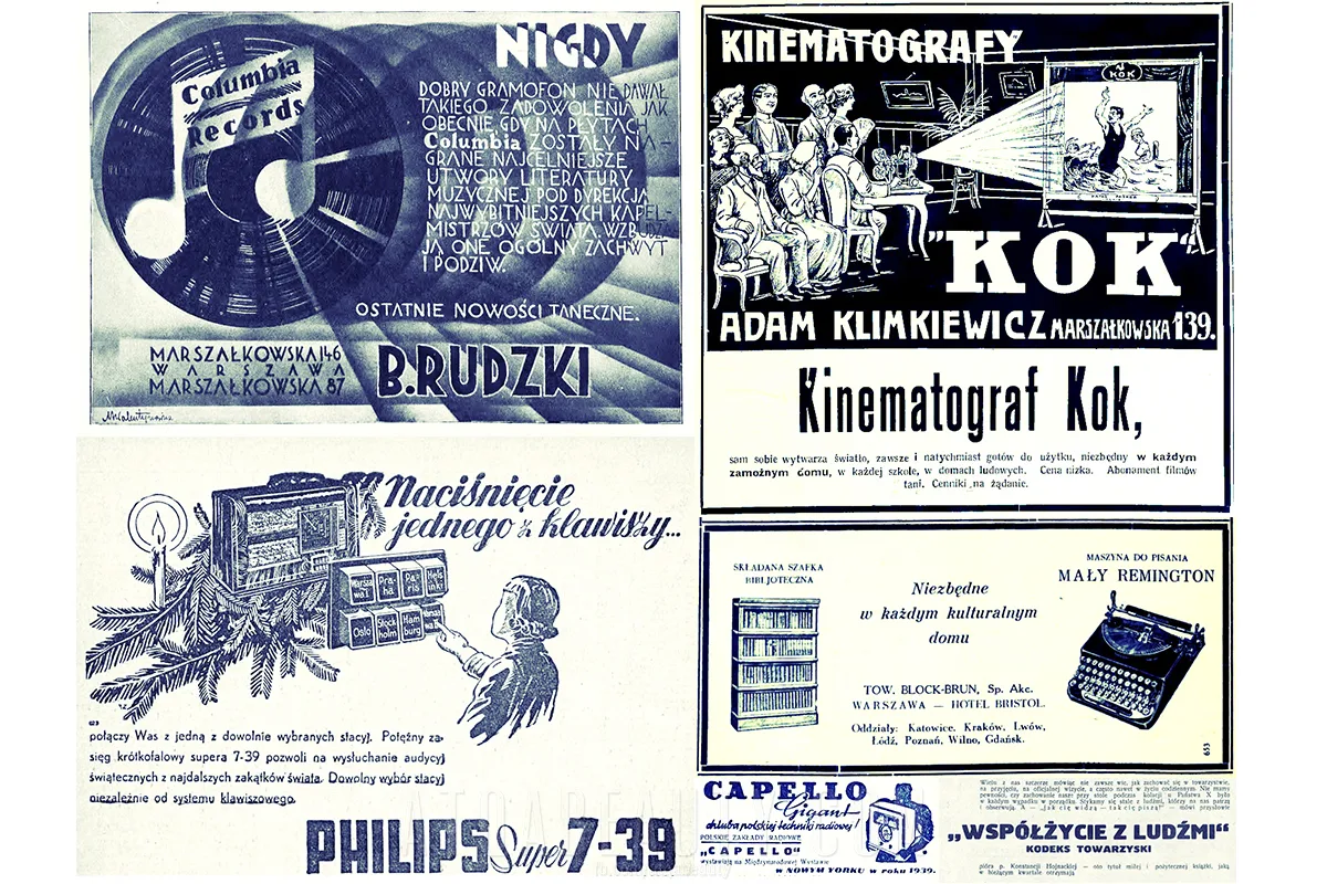 Reklamy prasowe: Columbia (1928), Philips (1938), Kok (1913), Bibljoteka (1931), Capello (1938), "Współżycie" (1939)