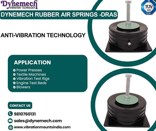 High-quality Dynemech Rubber Air Springs – DRAS Series shown with threaded levelling bolt, designed for industrial vibration control applications like power presses, textile machines, test rigs, engine beds, and blowers.