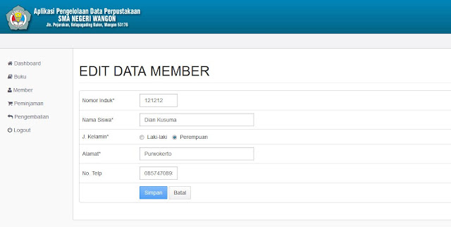 Halaman Edit Data Member (Backend)