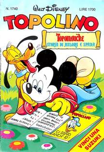 Topolino 1740 - 2 Aprile 1989 | ISSN 1120-611X | CBR 215 dpi | Settimanale | Fumetti Classici | Universo Disney
Numero volumi : IN CORSO
Topolino apparve in Italia il 30 marzo 1930, quando sul n.13 del settimanale torinese Illustrazione del Popolo, diretto da Lorenzo Gigli, fu pubblicata la prima striscia disegnata da Ub Iwerks e intitolata Le avventure di Topolino nella giungla. Due anni dopo si ha il primo libro illustrato italiano con le sue immagini: Sua Altezza Reale il Principe Codarello e, poco più tardi, il 31 dicembre 1932, esce il primo numero di Topolino in formato giornale, edito da Nerbini.
Sulla falsariga del celebre Corriere dei Piccoli, anche Topolino si presentava ai lettori con periodicità settimanale e si apriva con una breve storia in cui le didascalie sono scritte in rima e realizzata da Giove Toppi, che divenne quindi il primo autore Disney italiano. Sul settimanale della Nerbini, comunque, trovano spazio soprattutto le strisce e le tavole realizzate da Floyd Gottfredson. In queste storie vengono anche introdotte delle didascalie in rima, scritte dal primo direttore della rivista, Paolo Lorenzini (detto Collodi Nipote in quanto nipote di Carlo Collodi), e viene anche assegnato il nome definitivo alla spalla di Topolino, ovvero quel Pippo un po' lunatico e un po' svampito che sui libri della Salani veniva ancora chiamato Medoro.
Nerbini non si era assicurato correttamente i diritti di pubblicazione: quando aveva varato la sua rivista, infatti, si era rivolto al Consorzio Cinematografico E.I.A., il distributore dei cortometraggi di Topolino, quando in realtà i diritti per le riviste erano stati dati in mano al giornalista Guglielmo Emanuel dallo stesso Disney. Per cui, per un paio di numeri, la testata passò da Topolino a Topo Lino, per poi riprendere la nota testata con il n.7. Il Topolino Giornale era formato da otto pagine e non conteneva solo storie a fumetti Disney ma anche storie non-Disney che anzi erano di solito la maggioranza delle storie presenti in un numero.
Il numero 137 del Topolino Giornale, dell'11 agosto 1935, segna il passaggio di consegne da Nerbini alla Mondadori. Il fascismo, tuttavia, causò dei problemi al giornale. Dal 1938, il Min.Cul.Pop. (Ministero della Cultura Popolare) impone alla stampa di non editare più i protagonisti del fumetto popolare americano. Il solo Topolino è risparmiato, e così il suo logo e il suo personaggio possono continuare ad esistere nelle edicole italiane, ma in piena seconda guerra mondiale, a partire dal n.476 del 27 gennaio 1942, anche il settimanale è costretto a cedere alle restrizioni. Lo sostituisce Tuffolino, un ragazzetto dalle medesime caratteristiche fisiche, disegnato dal grande illustratore Pierlorenzo De Vita. Con la fine del fascismo, le avventure di Topolino poterono di nuovo essere pubblicate.
Alla fine degli anni quaranta, però, i giornali a fumetti che pubblicavano storie a puntate di non più di due tavole ad episodio erano irrimediabilmente in crisi, e così lo stesso Topolino, le cui vendite erano di gran lunga calate rispetto al periodo d'oro. Mondadori, però, non poteva rinunciare alla rivista da edicola per non perdere i ricchi diritti delle pubblicazioni da libreria, così decise un doloroso ma necessario cambio di formato e periodicità. Nel 1949 nasce così il periodico a fumetti Topolino formato libretto, all'inizio con cadenza mensile, quindi quindicinale e, infine, settimanale, fino a giungere a oggi al suo sessantesimo anniversario e con oltre 3000 numeri usciti, ricchi di storie tra le più famose, con autori da Carl Barks a Romano Scarpa, da Floyd Gottfredson a Giovan Battista Carpi e così via.