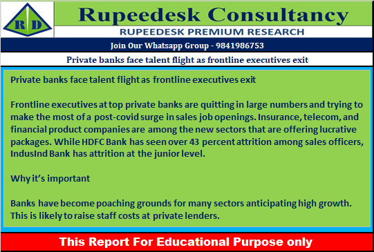 Private banks face talent flight as frontline executives exit - Rupeedesk Reports - 25.07.2022