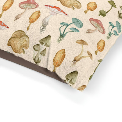 Cottagecore dog or cat bed with watercolour mushrooms