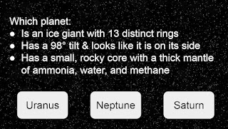 Which planet: Is an ice giant with 13 distinct rings Has a 98° tilt & looks like it is on its side Has a small, rocky core with a thick mantle of ammonia, water, and methane? Possible Answers: Uranus, Neptune, Saturn