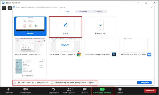 opcion compartir panatalla de Zoom
