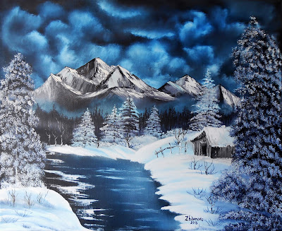 Original painting "Winter Night in the Mountains ". A canvas, oil,  paintinga palette knife.  In the style of Bob Ross. The size ~ 19.7" х 23.6 x 0.7" (50sm x 60sm x 1.8sm).  Work on is stretched, gallery a wrapped up canvas. The sides are painted, the Painting can be hung up at once. The basic tone of the Painting is darker blue, this Landscape looks perfectly and impressive in the any interior. The Painting is signed and dated by the author. If you don't know what to present, the Painting handmade is a fine and exclusive gift for all Occasion. 