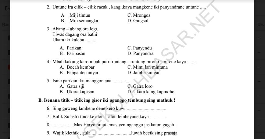  Soal  Penilaian Harian K13  Kelas  5 semester 2 Bahasa  Jawa  