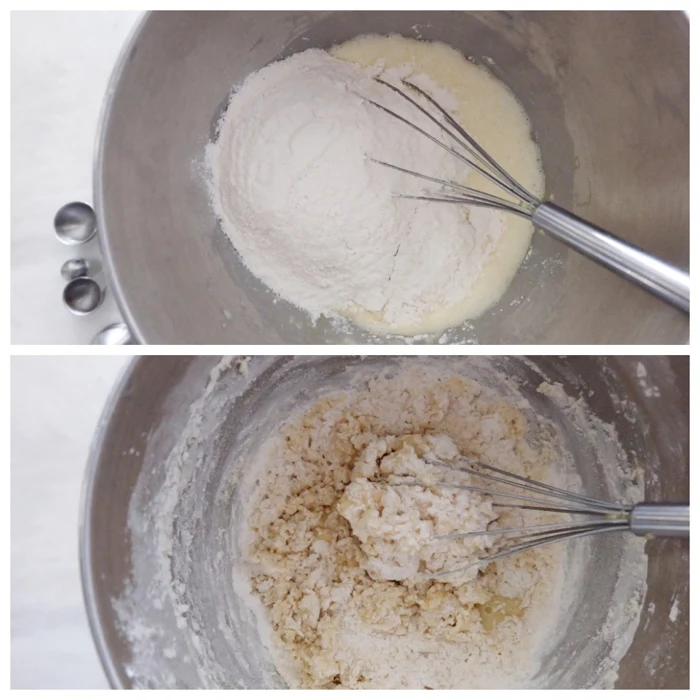 adding flour to bloomed yeast in mixer bowl