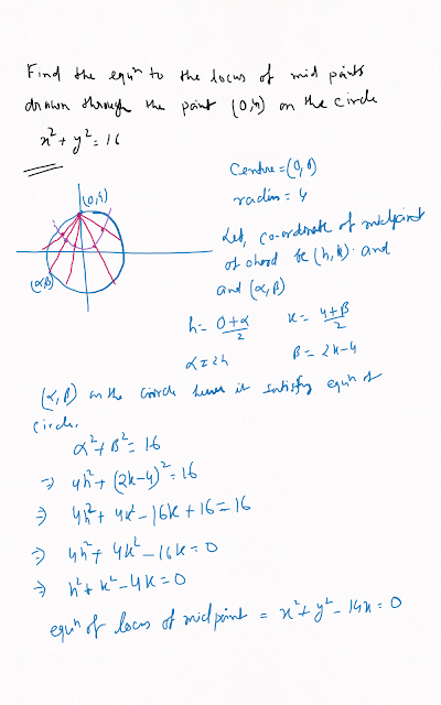 Find the equation of the locus of midpoint of chord drawn through the point (0, 4) on the circle x²+y²=16 Class 11 circle