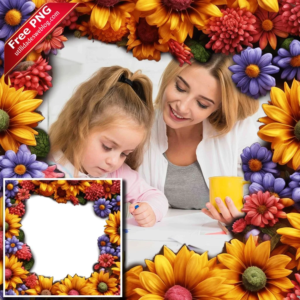 marco para fotos con coloridas flores efecto de dibujo en png con fondo transparente para descargar gratis