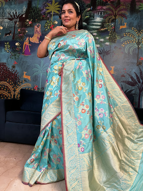 Elegance in Every Thread: The Art of Ferozi Kaduwa Chautera Meenakari on Pure Katan Silk Sarees