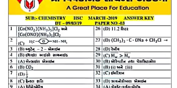 STD 12 SCIENCE Chemistry PAPER PAPER SOLUTION 2019 BY VIVEKANAND SCIENCE ACADEMY HALVAD