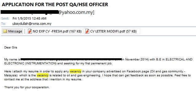 cara memohon kerja melalui email english