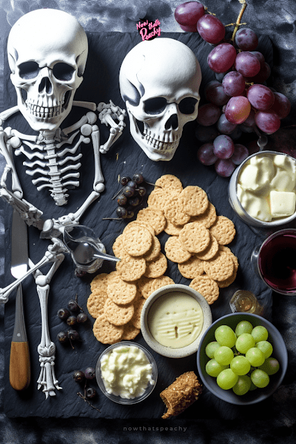Combine Cheap Snacks like Crackers, Dip and Grapes with Dollar Store Halloween Decor to create Spine Chilling Snack Boards