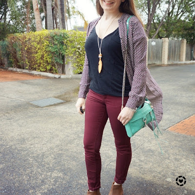 awayfromblue instagram printed shirt dress worn as kimono over burgundy pants