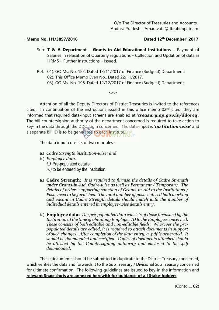 Grants In Aid Educational Institutions Payment Of Salaries Collection And Updation Of Data In Hrms Instructions Memo No H1 3897 2016 Gsr Info