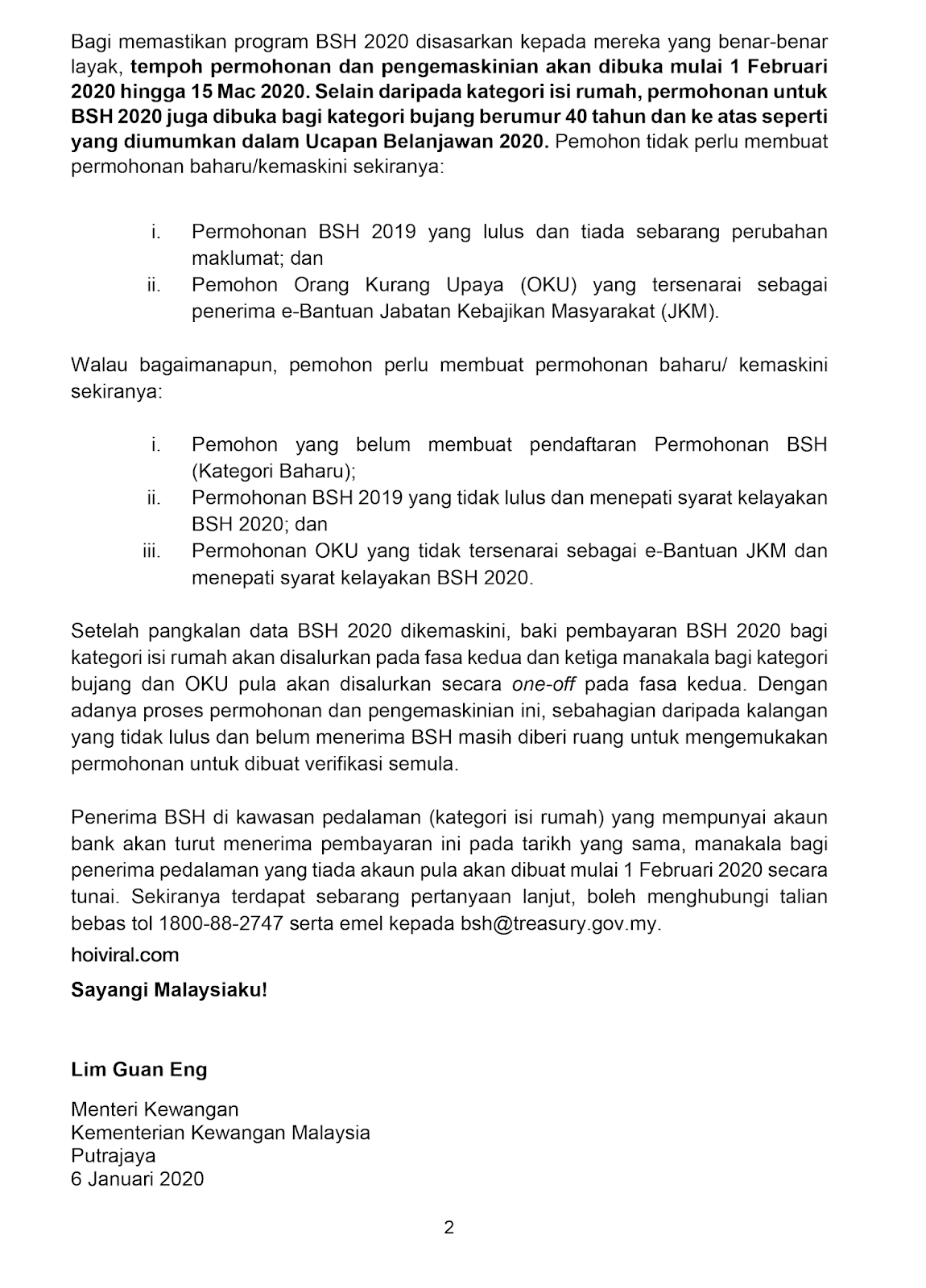 Tarikh Pembayaran Bantuan Sara Hidup (BSH) 2020 Fasa 