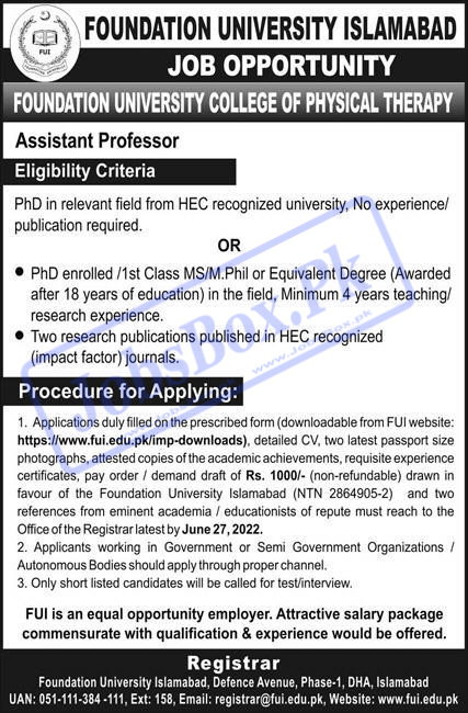 Foundation University Islamabad FUI Jobs 2022 | www.fui.edu.pk | Pkjobstrack FUI Jobs Capital Territory