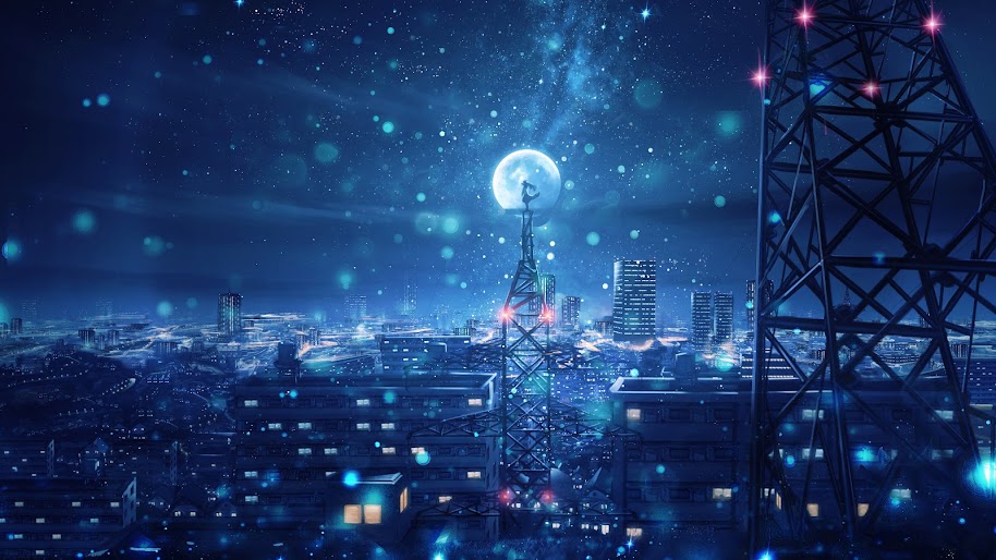 Night, Sky, City, Stars, Anime, Scenery, 4K, #135 Wallpaper
