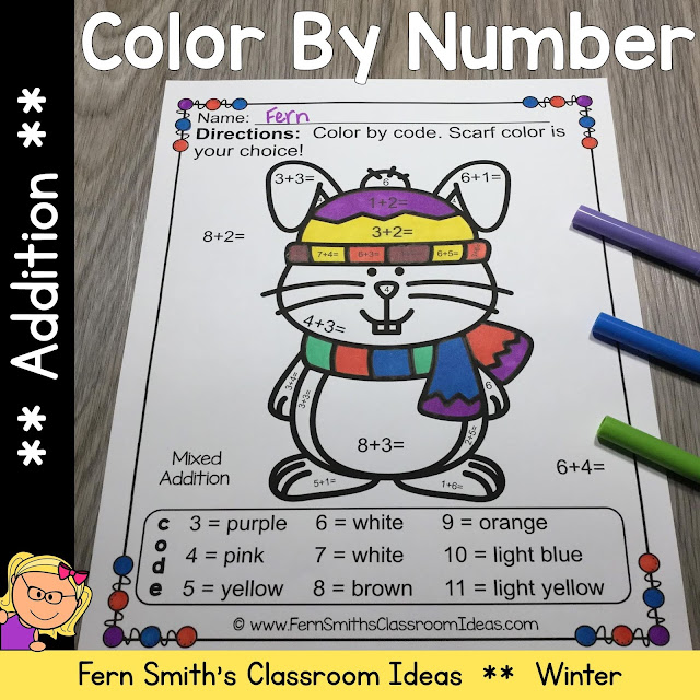 Getting students to review their addition and subtraction facts can be challenging! You will love the no prep, print and go ease of these Winter Color By Number Addition Printable Worksheets.  #FernSmithsClassroomoIdeas
