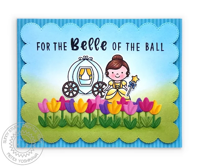 Sunny Studio Blog: Belle of The Ball Princess Tulip Card (using Enchanted Stamps, Kinsley & Phoebe Alphabet Stamps, Frilly Frames Eyelet Lace Dies & Striped Silly Paper)