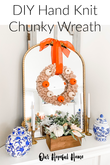 hand knit chunky wreath pumpkins orange ribbon mantel gold mirror