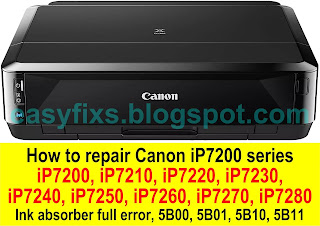 Repair Canon iP7200, iP7210, iP7220, iP7230, iP7240, iP7250, iP7260, iP7270, iP7280 Ink absorber full error, error support code 5B00, 5B01, 5B10, 5B11, 1700, 1701, 1710, 1711