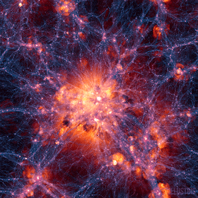 Proyección a gran escala de la simulación Illustris, centrada en un cluster muy masivo. Muestra la densidad de materia oscura superpuesto al campo de velocidades del gas.