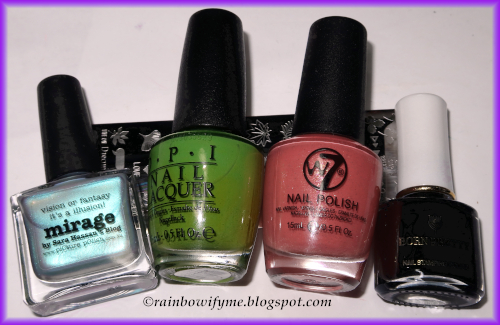 Picture Polish: Mirage, OPI: I’m Sooo Swamped, W7: [lost its label], Born Pretty Store: No name black stamping polish