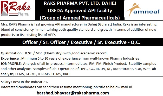 Raks Pharma (Amneal Group) | Urgent openings in QC at Dahej | Send CV