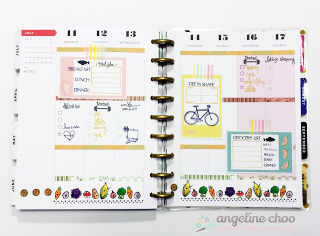 Happy Planner: Food and Fitness with JLO Stamps #scrappyscrappy #jessicalynnoriginal #jlostamp #stamp #happyplanner #meandmybigideas #planner #plannerstamps #fitness #food #veggies #copic #washi #coloring