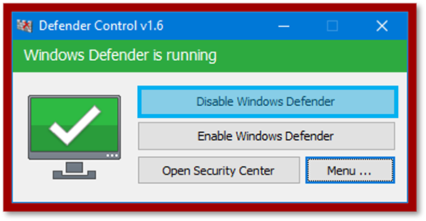 Menu Disable Windows Defender