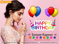 gorgeous hindi film heroine sonam kapoor dob quotes with colorful balloons and designer ear rings, bracelet