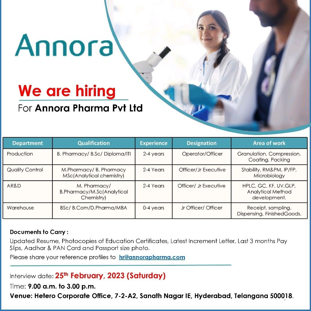 Job Availables, Annora Pharma Walk In Interview For Production/ Quality Control/ AR&D/ Warehouse Department