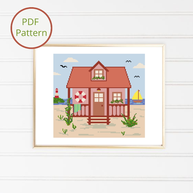 Beach House Landscape Cross Stitch Pattern