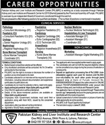 PKLI jobs 2022 Application Form – Pakistan Kidney & Liver Institute Lahore jobs