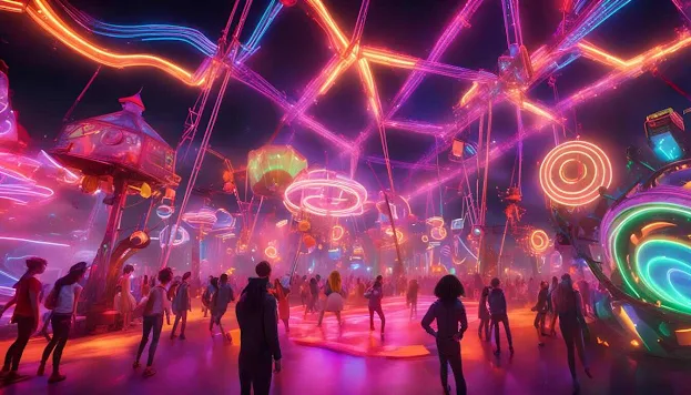 Futuristic digital carnival featuring The Amazing Digital Circus with neon lights, immersive VR and AR experiences, and interactive elements in a virtual environment.