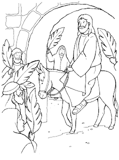 Children's Palm Sunday coloring page of Christ coming into Jerusalem on donkey and people praising him free download bible clip art pictures and inspirational verse wallpapers